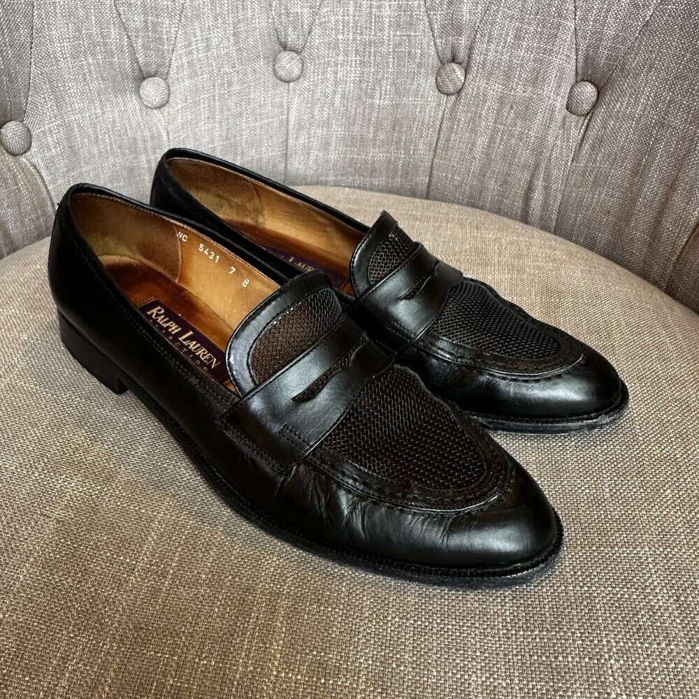 Ralph Lauren Purple Label Black Leather Mesh Penny Loafers